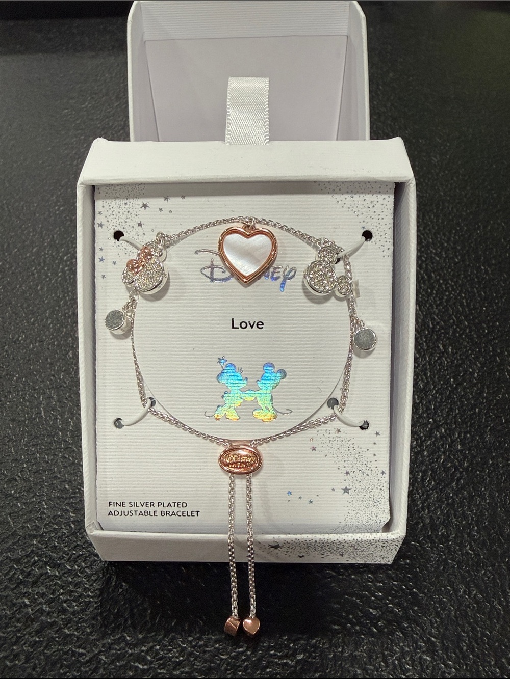 Disney Two-Tone Rose Gold & Silver Heart Charm Adjustable Bracelet